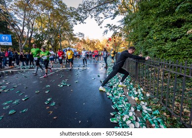 NEW YORK CITY - NOV 11: New York City Marathon Runners Run Through A Water Station On November 11, 2011. The Marathon Is One Of The World Marathon Majors.