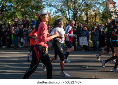 NEW YORK CITY - NOV 11: New York City Marathon Runners Run Through A Water Station On November 11, 2011. The Marathon Is One Of The World Marathon Majors.