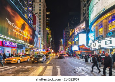 NEW YORK CITY - NOV 8: A Crowded Times Square, Featured With Broadway Theaters And Animated LED Signs On November 8, 2014. Times Square Holds The Annual New Year's Eve Ball Drop.