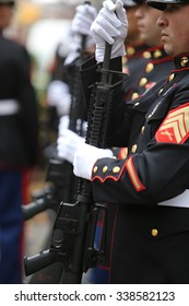 NEW YORK CITY - NOVEMBER 11 2015: New York City's Veterans Day Parade Was Led By The US Navy As This Year's Featured Service. Marine Honor Guard At Attention With M16 Rifles Prior To Salute