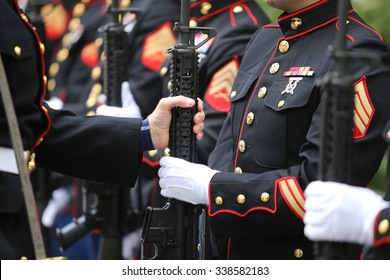 NEW YORK CITY - NOVEMBER 11 2015: New York City's Veterans Day Parade Was Led By The US Navy As This Year's Featured Service. Honor Guard In Dress Blues With Rifles Prior To Salute