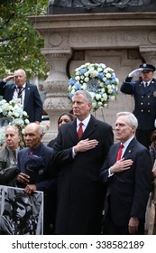 NEW YORK CITY - NOVEMBER 11 2015: New York City's Veterans Day parade was led by the US navy as this year's featured service. Mayor de Blasio with navy secretary Ray Mabus