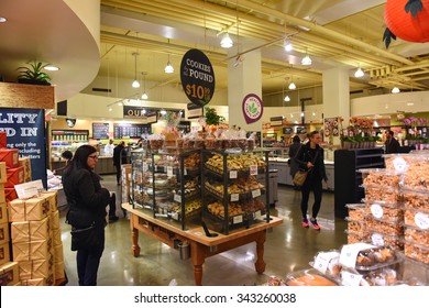 NEW YORK CITY - NOVEMBER 13 2015: Whole Foods market, Union Square. Whole Foods offers high end organic & naturally raised foods with four locations in Manhattan & one in Brooklyn