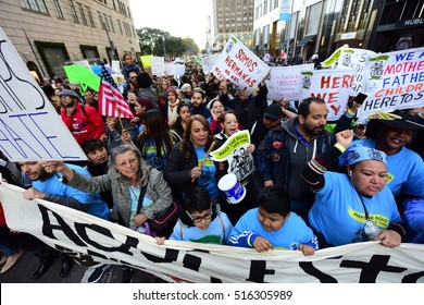 NEW YORK CITY - NOVEMBER 13 2016: Latinos, Immigrants & Supporters Gathered 3,000 Strong At Columbus Circle To Protest & March Against President-elect Donald Trump's Proposed Immigration Policies