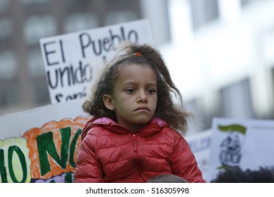 NEW YORK CITY - NOVEMBER 13 2016: Latinos, Immigrants & Supporters Gathered 3,000 Strong At Columbus Circle To Protest & March Against President-elect Donald Trump's Proposed Immigration Policies