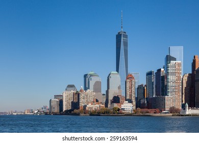 NEW YORK CITY, NOVEMBER 18:  The Lower Manhattan skyline in New York City pictured on November 18th, 2014.  The One World Trade Center dominates the skyline.