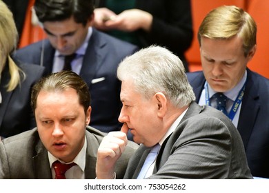 NEW YORK CITY - NOVEMBER 7 2017: The UN Security Council Heard A Report On The Status Of Bosnia-Herzegovina By High Representative Valentin Inzko. Ukranian Representative Volodymyr Yelchenko