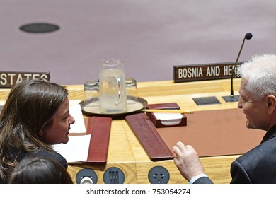 NEW YORK CITY - NOVEMBER 7 2017: The UN Security Council Heard A Report On The Status Of Bosnia-Herzegovina By High Representative Valentin Inzko. US Rep Amy Tachco Chats W/Milos Vukansinovic