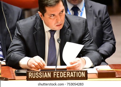 NEW YORK CITY - NOVEMBER 7 2017: The UN Security Council Heard A Report On The Status Of Bosnia-Herzegovina By High Representative Valentin Inzko. Russian Federation Representative Vladimir Safronkov