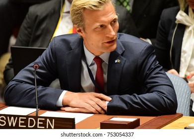 NEW YORK CITY - NOVEMBER 7 2017: The UN Security Council Heard A Report On The Status Of Bosnia-Herzegovina By High Representative Valentin Inzko. Swedish Representative Carl Skau