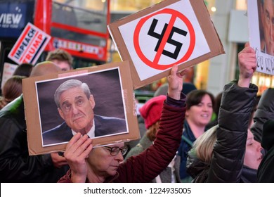 New York City - November, 8, 2018: Protesters Gathered In Times Square Over President Trump's Firing Of Attorney General Jeff Sessions And To Support Special Counsel Robert Mueller.