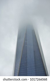 NEW YORK CITY, NY -14 JUL 2017- View  In The Fog Of The One World Trade Center Freedom Tower On The Site Of The World Trade Center Twin Towers Destroyed On 9/11.