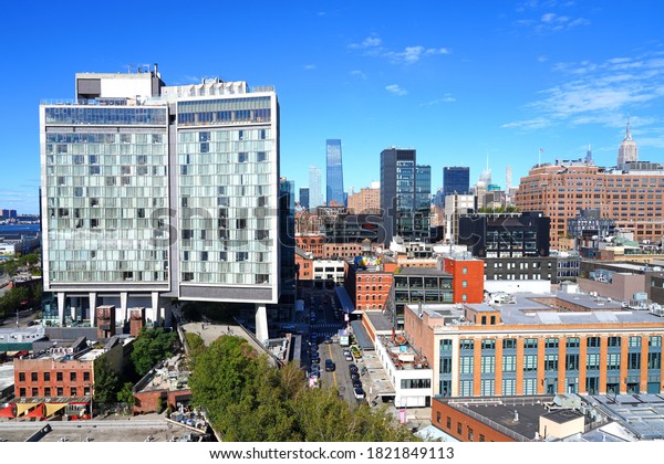 NEW YORK CITY, NY -20\
SEPTEMBER 2020- View of the Standard Hotel High Line, a hip hotel\
located near the High Line in the Meatpacking District in New York\
City.