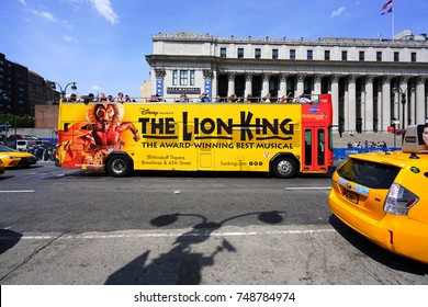 NEW YORK CITY, NY -27 AUG 2017- View Of A Bus Advertising The Award-winning Broadway Musical The Lion King On The Street In New York City.