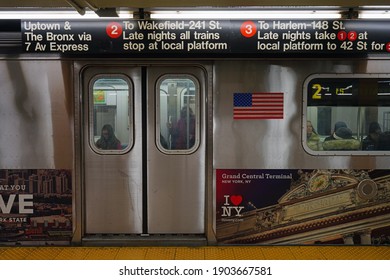 NEW YORK CITY, NY -31 JAN 2020- View Of Closed Doors Of An MTA Subway Car In Manhattan, New York City, United States.