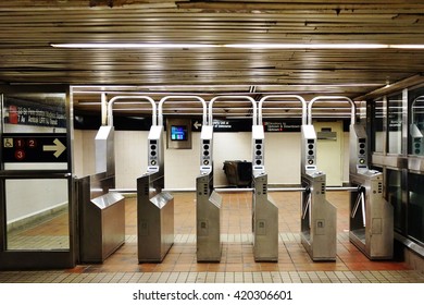 NEW YORK CITY, NY -9 APRIL 2016- Row Of Turnstile Gates In The New York City Subway.