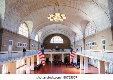 NEW YORK CITY, NY - APR 30: Ellis Island Great Hall on April 30, 2011 in New York City. Ellis Island was the gateway for millions of immigrants to the United States from 1892 to 1954.