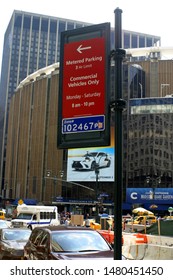 New York City, NY - August 15, 2019. A Parking Sign Outside Of Madison Square Garden On 33rd Street Displays The Area Parking Laws. 