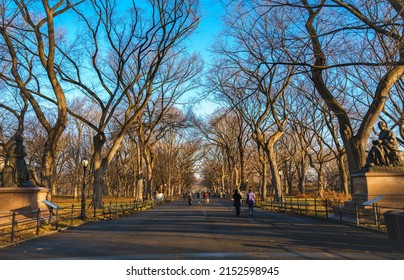 NEW YORK CITY, NY - December 28, 2021: A View From Central Park Showing The Mall With Barren Trees On Both Sides.