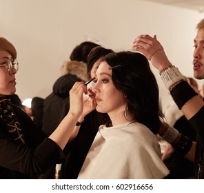 New York City, NY - Feb 12, 2017: Back Stage Make-Up And Hair Styling Session Before The Vivienne Hu 2017 Spring Fashion Show