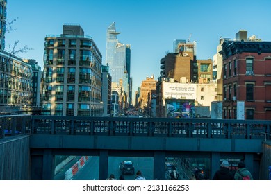 New York City, NY: February 20,2022: People And Tourists Pack And Enjoying View From Of Sky Scrapers From High Line Park Of Hudson Yards, New York City, USA