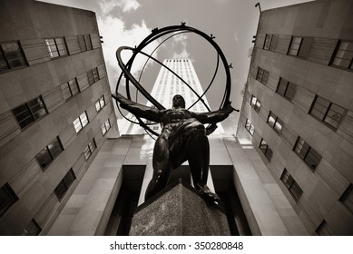 NEW YORK CITY, NY - MAR 30: Rockefeller Plaza Atlas statue on March 30, 2014 in New York City. Declared a National Historic Landmark in 1987, it is a complex of 19 commercial buildings