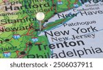 New York City, NY marked by a white map tack.  The City of New York consists of the five boroughs of Kings (Brooklyn), New York (Manhattan), Queens, Bronx, and Richmond (Staten Island).