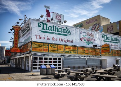 New York City, NY - Novermber 18, 2019: Nathans hot dog famous store located in Coney Island in Brooklyn, NY 