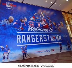 NEW YORK CITY, NY - OCT 23: Madison Square Garden Indoor Arena Entrance Rangers Sign That Sits Above Penn Station. It Is Home To The NY Knicks (NBA), NY 