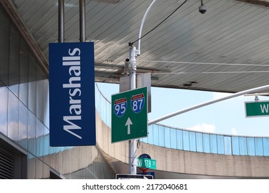 New York City, NY United States - June 26, 2022: A blue Marshalls sign hangs in front of the retail store entrance in the George Washington Bridge Bus Terminal in Washington Heights, Manhattan