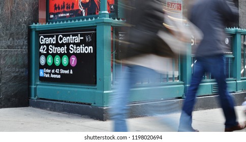 New York City, NY/ USA- Oct 5, 2018: NYC Street Grand Central Station New York 42nd Street Subway Station Entrance MTA Rush Hour People