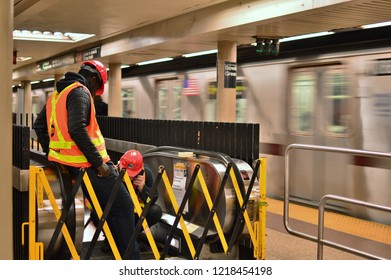 New York City, NY/ USA- 10-31-18: NYC Subway Employee MTA Worker New York City Repairing Station