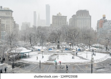 New York City, NY, USA - March 21, 2018: Union Square Park In Winter With Snowfall. Midtown, Manhattan