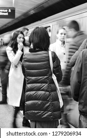 New York City, NY/ USA- 1-04-2019: Busy Rush Hour NYC Crowded Subway Train People Commuting In The City To Work Lifestyle