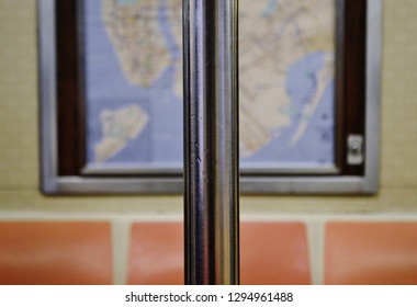 New York City, NY/ USA- 1-24-2019: New York City Subway Map Inside MTA Train Car Interior Design 