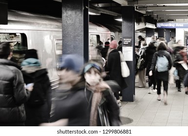 New York City, NY/ USA- 1-28-2019: New York City Subway Work People Commuting Public Transportation Train  NYC Station