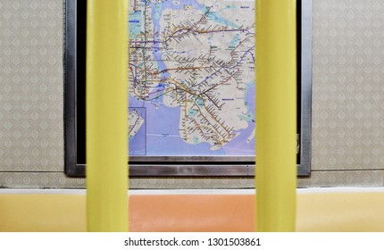 New York City, NY/ USA- 1-28-2019: New York Subway Seats And Map NYC Train Car Interior