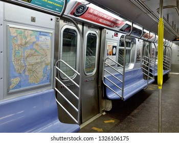 New York City, NY/ USA: 2-26-19- NYC Subway Car Interior Seats And Map MTA Train