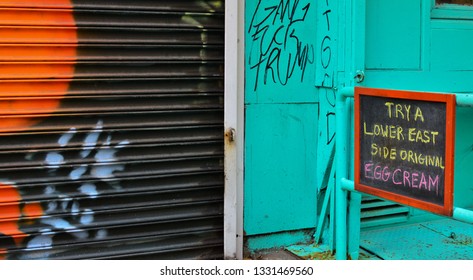 New York City, NY/ USA- 1-19-2019: Lower East Side NYC Graffiti Grunge Style Street Restaurant Sign