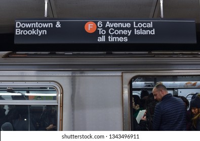 New York City, NY/ USA: 3-14-19- New York City Crowded Subway Train People Commuting To Work Busy City Lifestyle