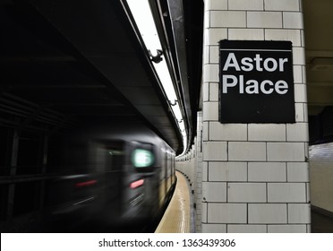 New York City, NY/ USA: 4-04-19- NYC High Speed Subway Train Arrival Astor Place New York City So Ho Streets