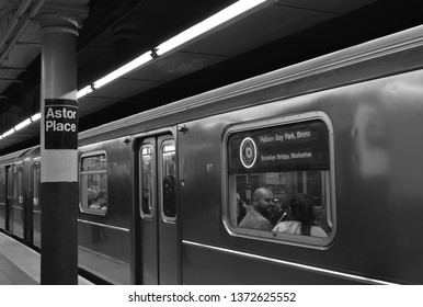 New York City, NY/ USA: 4-4-19- New York City People Riding In Subway Car At Astor Place Soho NYC Greenwich Village Station