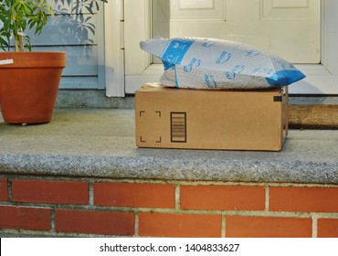 New York City, NY/ USA: 5-22-19- Package Delivery Residential House Amazon Order On Front Doorstep Home