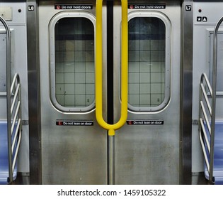 New York City, NY/ USA- 7-12-19: New York City MTA Subway Car Interior Door And Seats