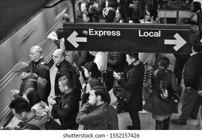 New York City, NY/ USA- 10-30-19: Busy MTA New York Subway Station People Rush Hour City Commute To Work