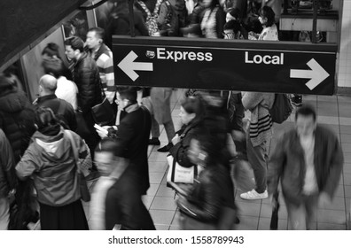 New York City, NY/ USA- 10-30-19: New York MTA Subway Station People Waiting For Train City Commute To Work