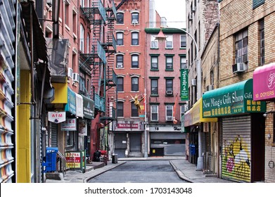 New York City, NY/ USA- 4-10-20: Vacant NYC Streets Chinatown Neighborhood Lower East Side Manhattan Stores Closed For Coronavirus Shutdown