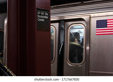 New York City, NY/ USA- 2-27-19: NYC Delayed Train Passengers In Crowded Train Packed People