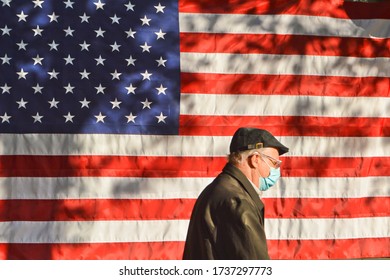 New York City, NY/ USA- 5-21-20: US American People Wearing Protection Mask In Public Street Corona Virus