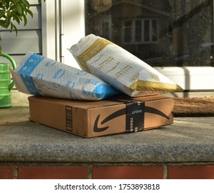 New York City, NY/ USA: 10/13/2019- Amazon Prime Package Boxes Home Delivery On Porch